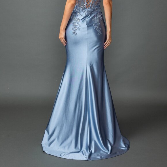 New Off Shoulder Maxi Prom Gown w/ Floral Lace Over Sheer Boned Bodice DQ 4540 - Picture 6 of 9